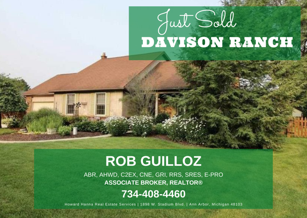 Picture of a house with "Just Sold" and "Davison Ranch" banner across the top and agent contact information at the bottom.